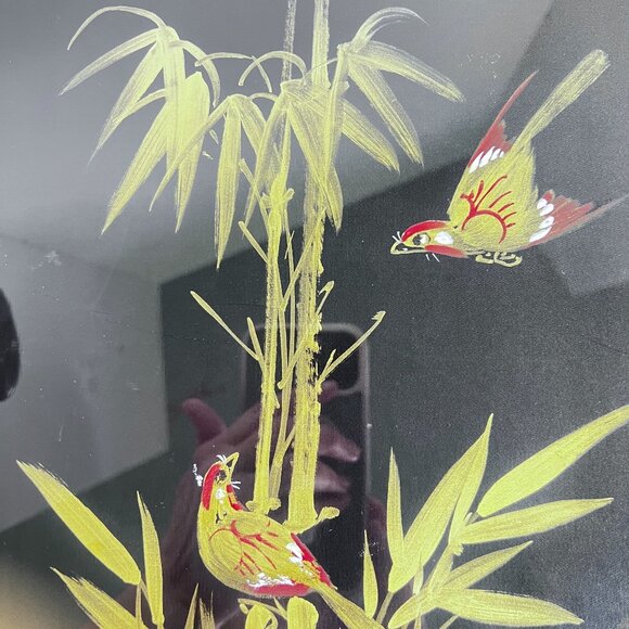 Vtg Asian Chinoiserie Bamboo & Birds Brush Painting on Silk In Black Gold Frame - Picture 5 of 15